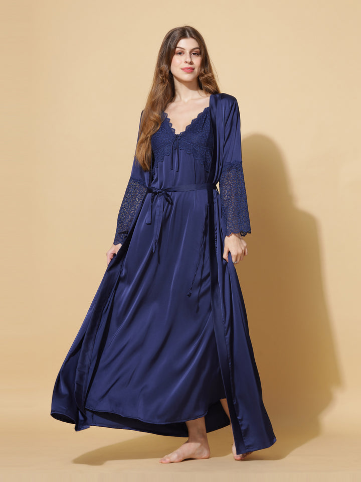 Honeymoon Long Robe Bridal Nighty Dress in Electric Blue