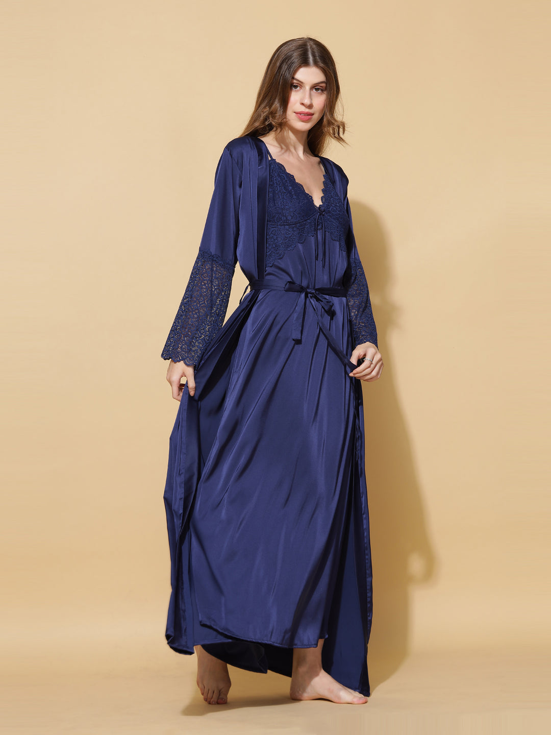 Honeymoon Long Robe Bridal Nighty Dress in Electric Blue