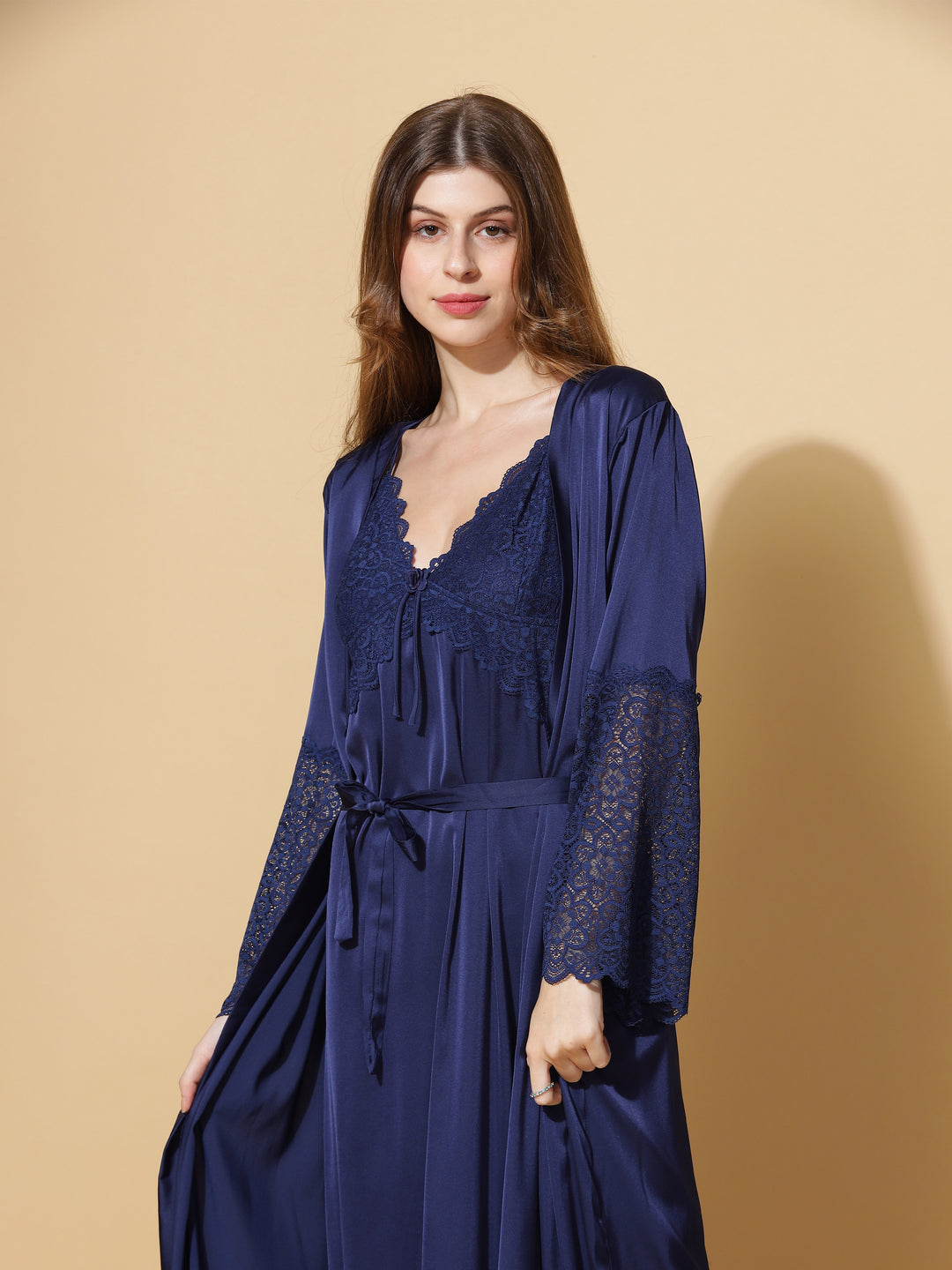 Honeymoon Long Robe Bridal Nighty Dress in Electric Blue