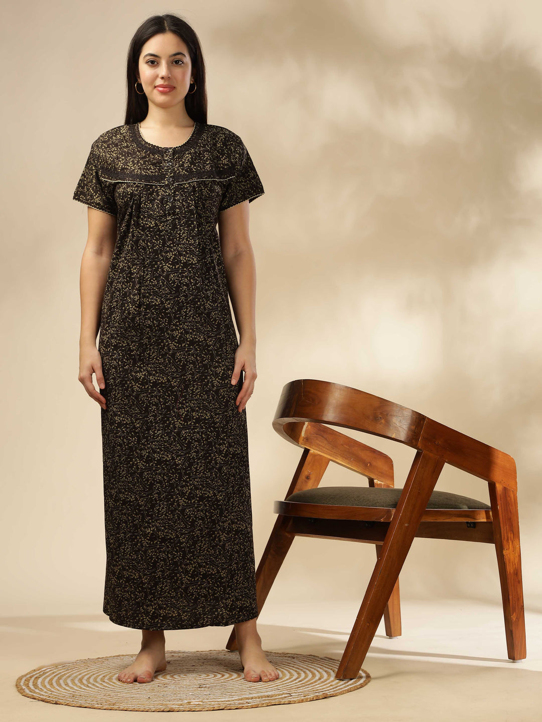 Brown Printed Designer Nighty – Elegant & Comfortable Sleepwear