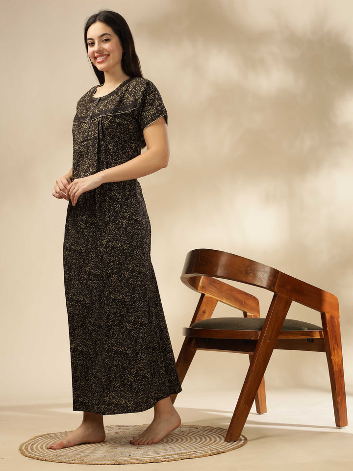 Brown Printed Designer Nighty – Elegant & Comfortable Sleepwear