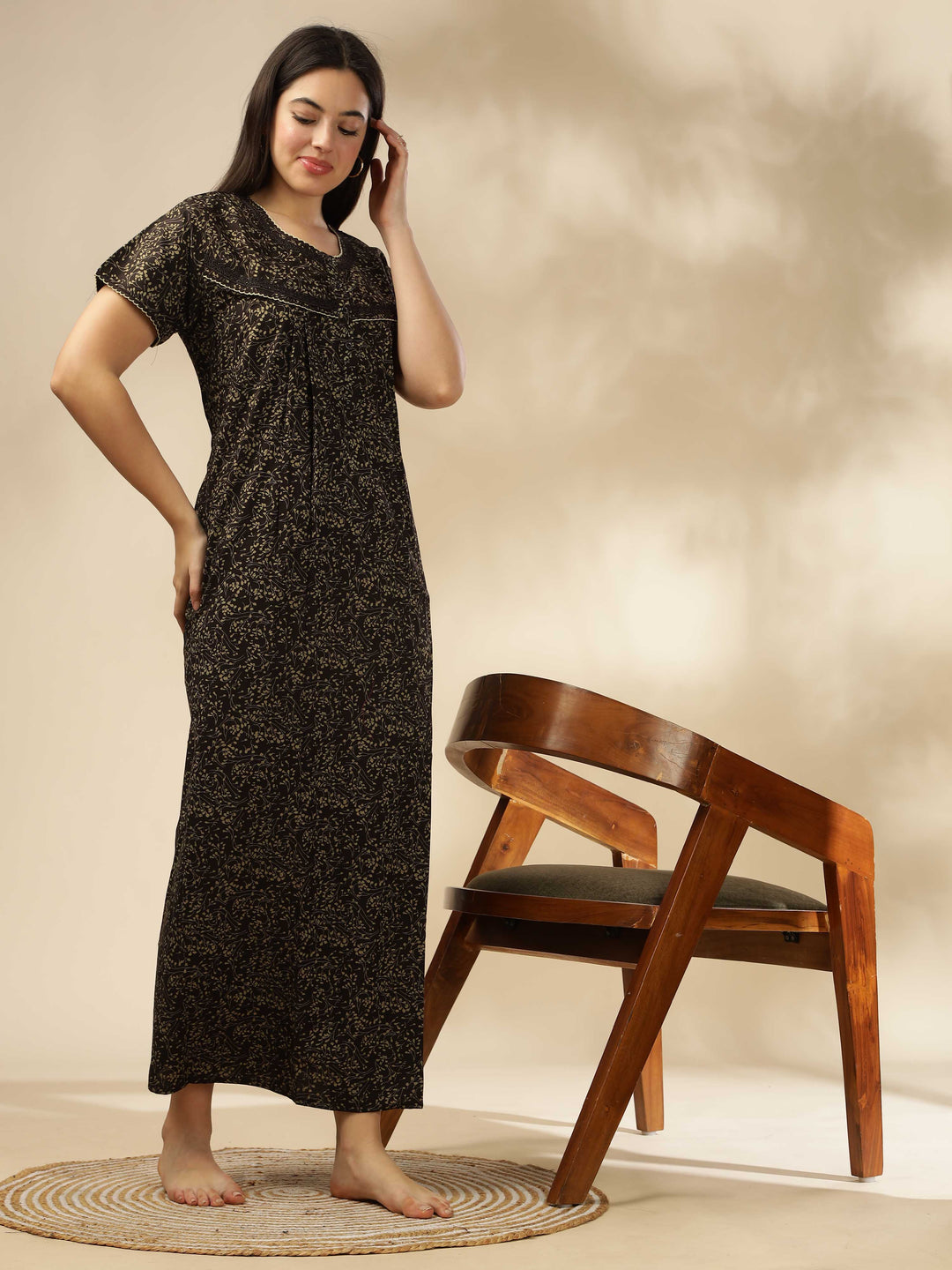 Brown Printed Designer Nighty – Elegant & Comfortable Sleepwear