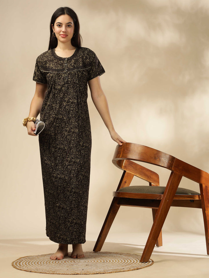 Brown Printed Designer Nighty – Elegant & Comfortable Sleepwear