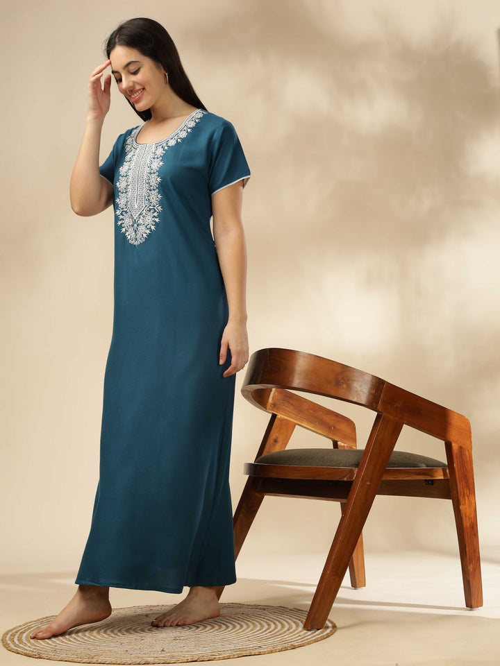 Electric Blue Embroidered A-Line Nighty - Comfortable Sleepwear