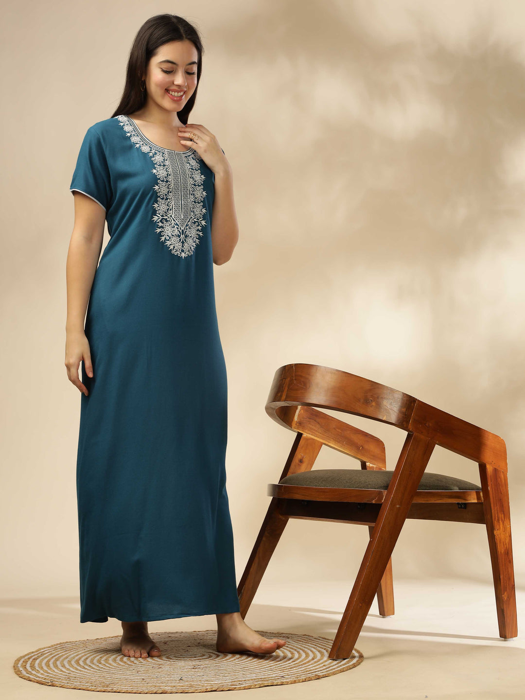 Electric Blue Embroidered A-Line Nighty - Comfortable Sleepwear