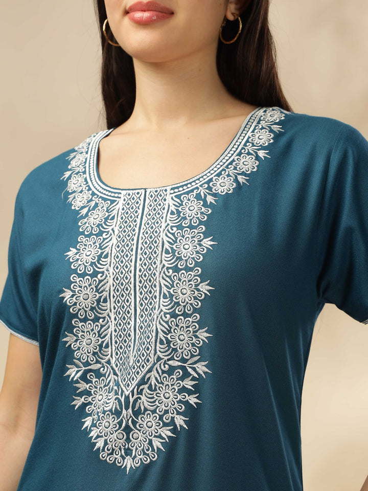 Electric Blue Embroidered A-Line Nighty - Comfortable Sleepwear