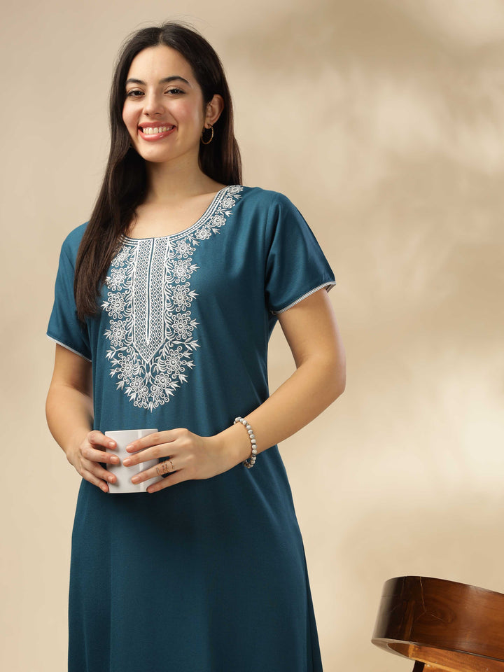 Electric Blue Embroidered A-Line Nighty - Comfortable Sleepwear