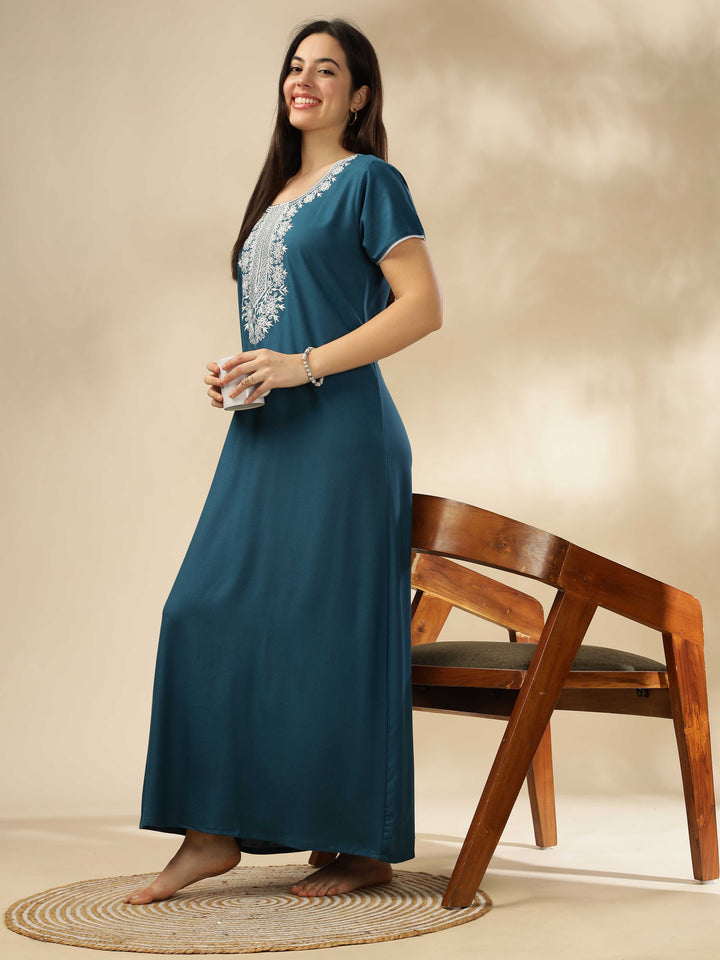 Electric Blue Embroidered A-Line Nighty - Comfortable Sleepwear