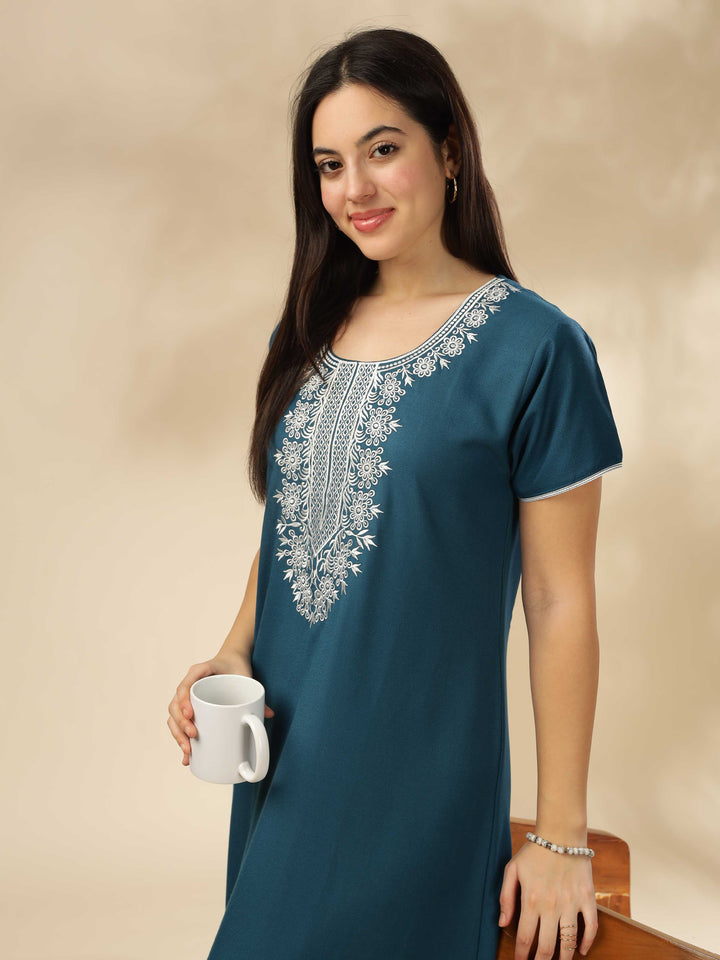 Electric Blue Embroidered A-Line Nighty - Comfortable Sleepwear