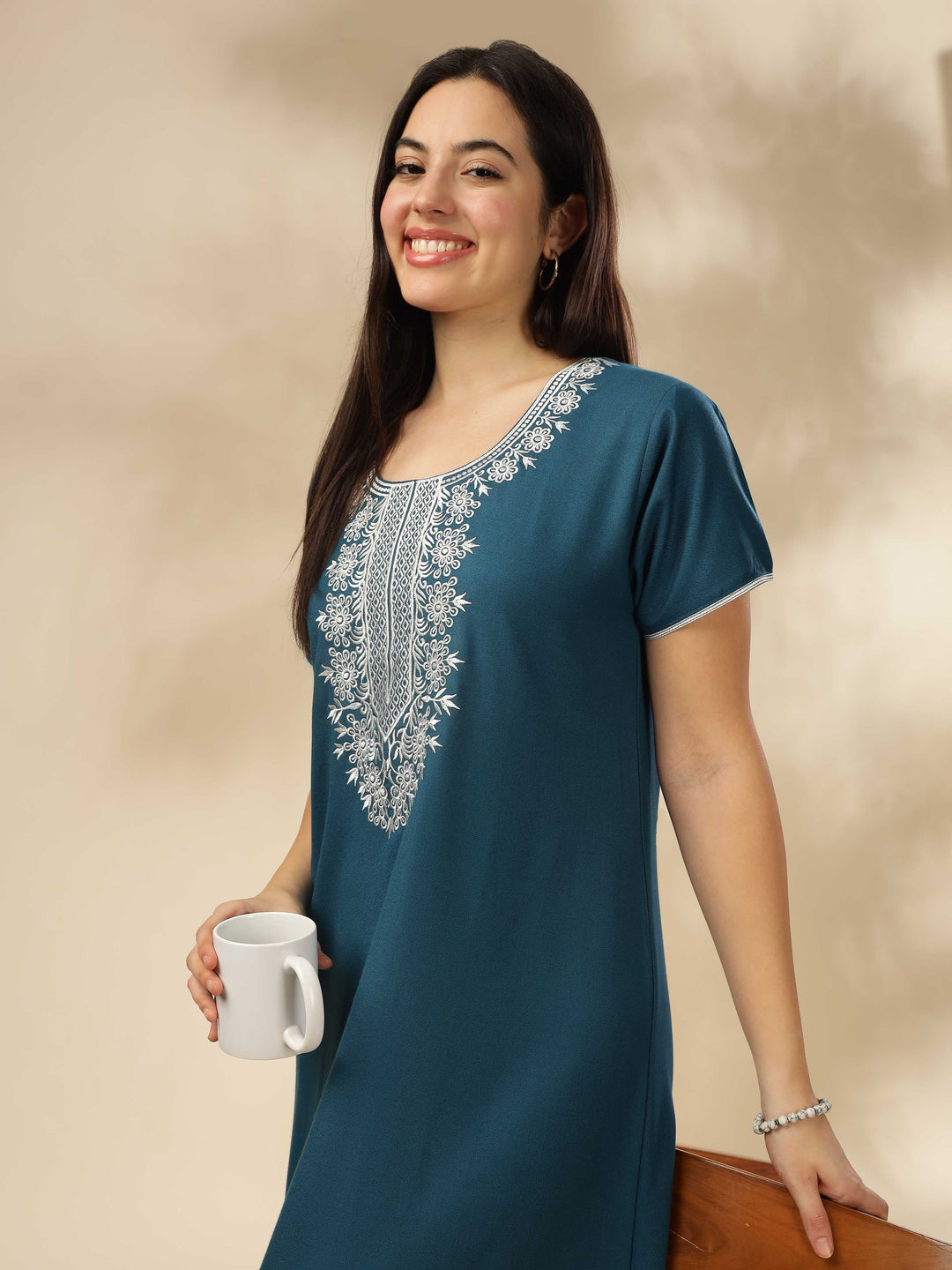 Electric Blue Embroidered A-Line Nighty - Comfortable Sleepwear