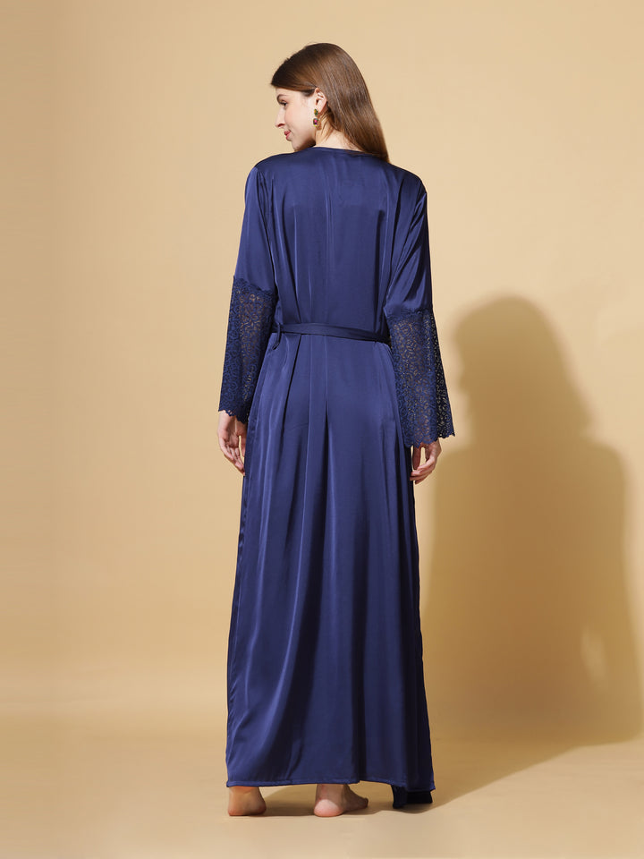 Honeymoon Long Robe Bridal Nighty Dress in Electric Blue