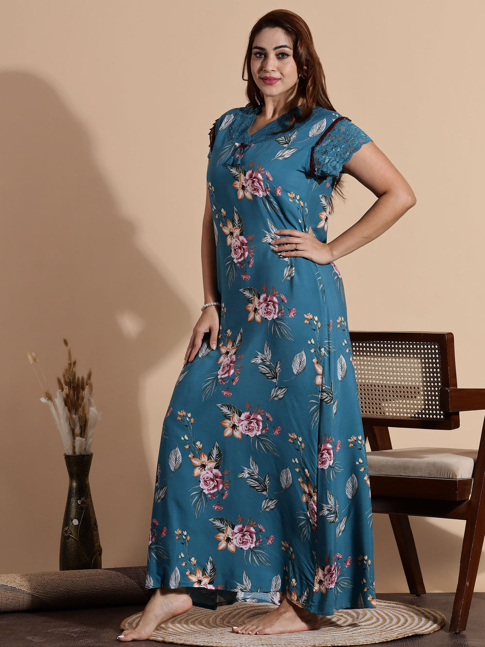 Teal Blue Rayon Maxi Nightdress