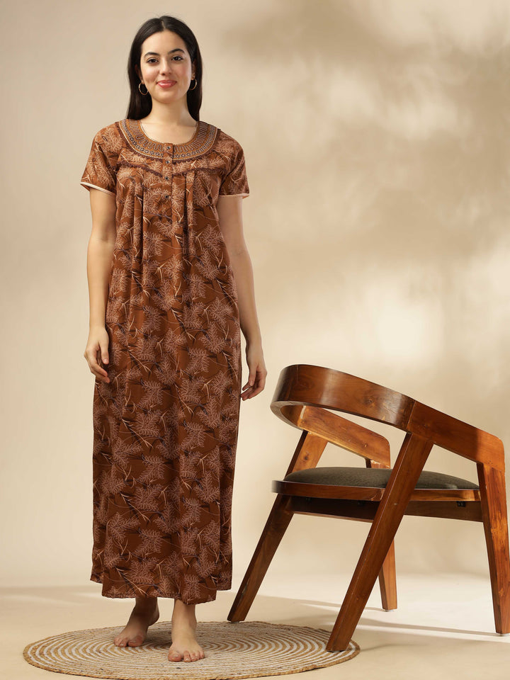 Elegant Coffee Printed Nighty | Soft & Stylish Sleepwear