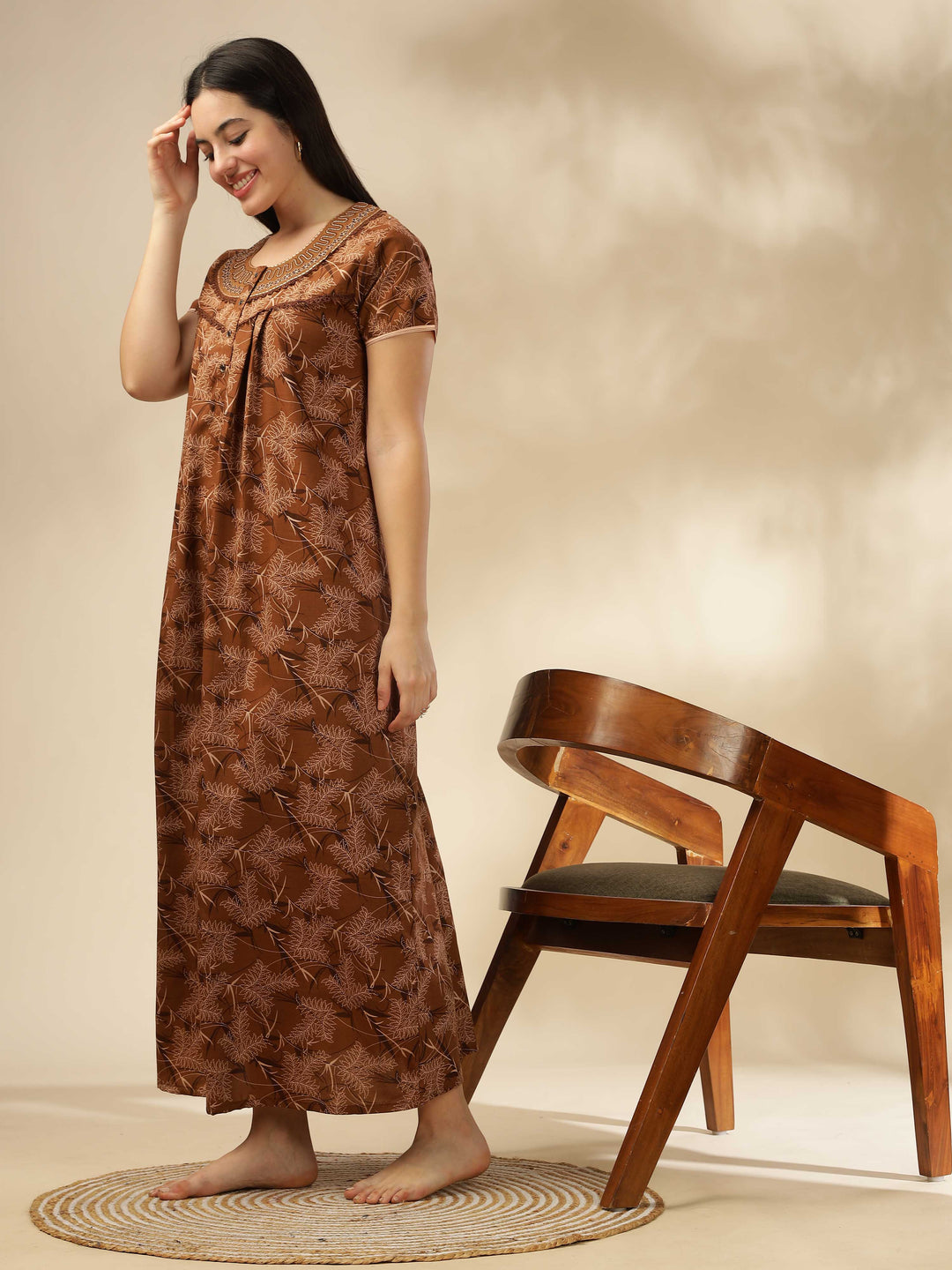 Elegant Coffee Printed Nighty | Soft & Stylish Sleepwear