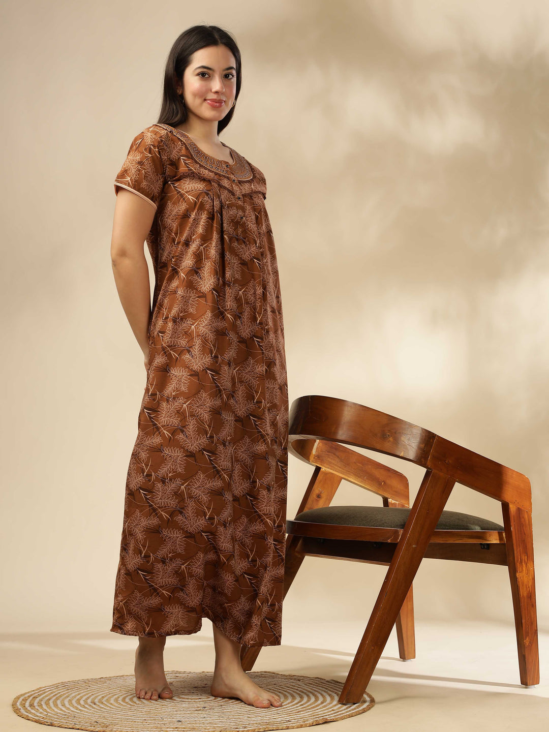 Elegant Coffee Printed Nighty | Soft & Stylish Sleepwear