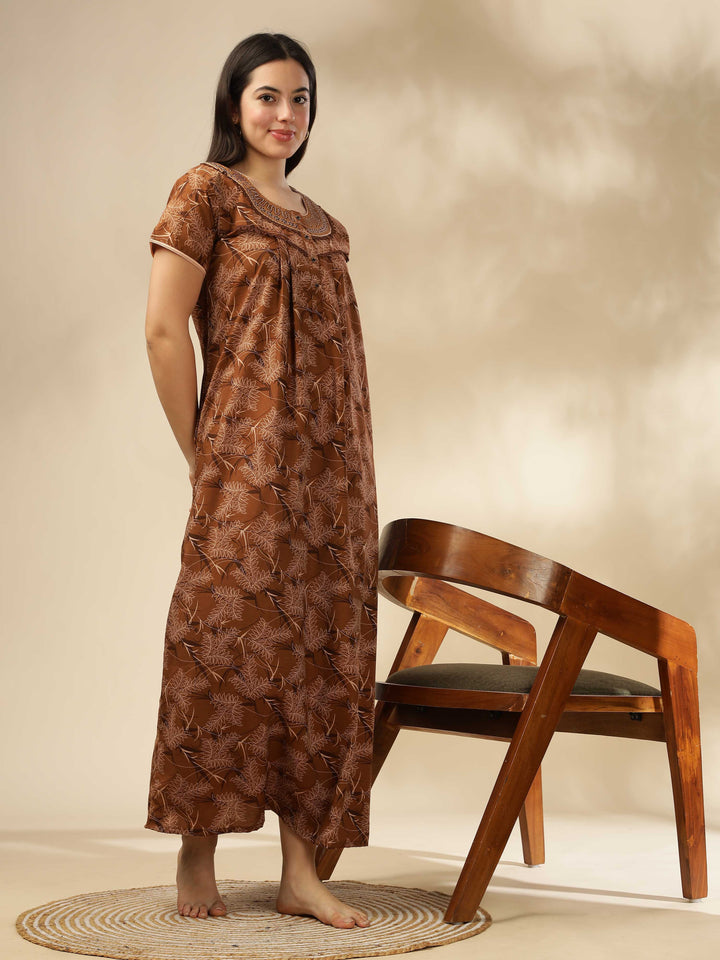 Elegant Coffee Printed Nighty | Soft & Stylish Sleepwear