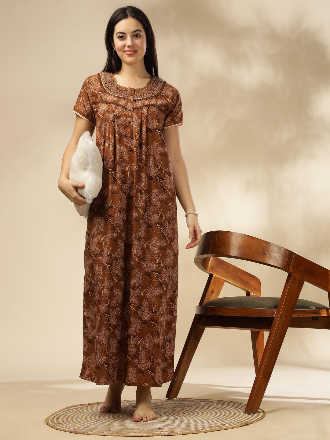 Elegant Coffee Printed Nighty | Soft & Stylish Sleepwear