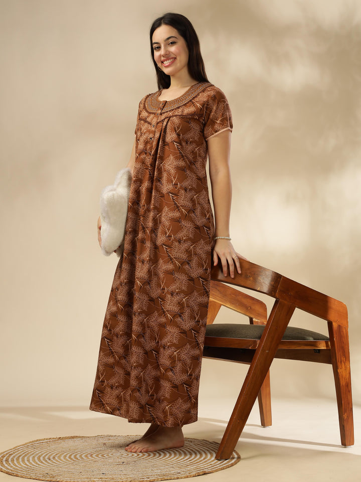 Elegant Coffee Printed Nighty | Soft & Stylish Sleepwear