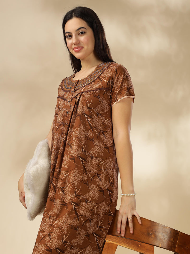 Elegant Coffee Printed Nighty | Soft & Stylish Sleepwear