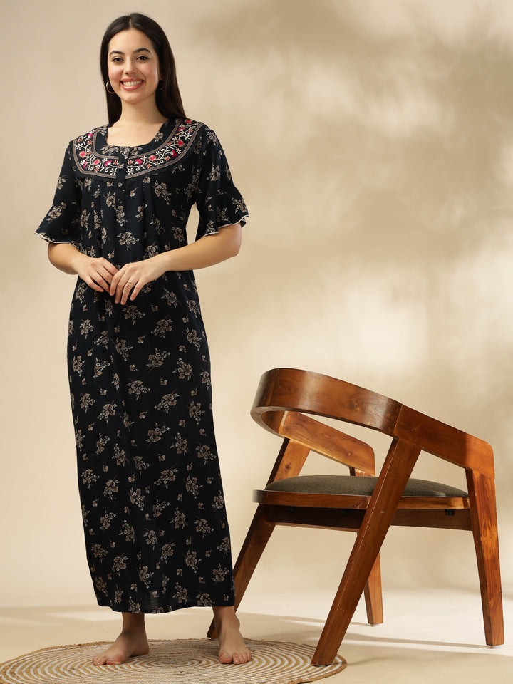 Midnight Blue Alpine Nighty Floral Print with Stylish Flutter Sleeves