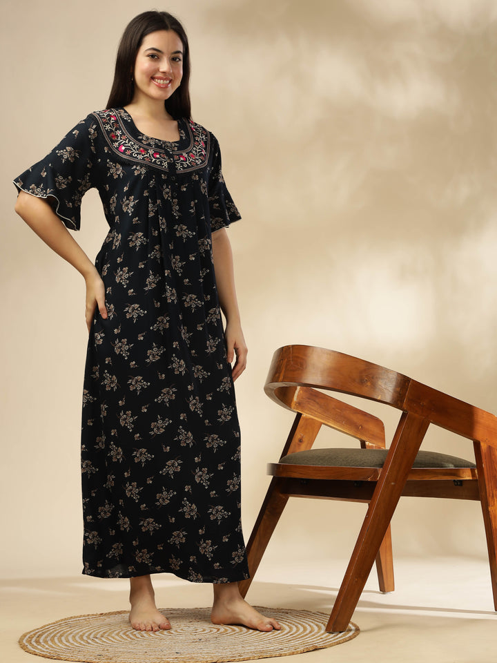 Midnight Blue Alpine Nighty Floral Print with Stylish Flutter Sleeves