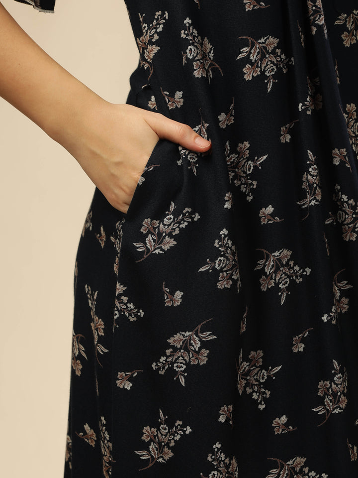 Midnight Blue Alpine Nighty Floral Print with Stylish Flutter Sleeves