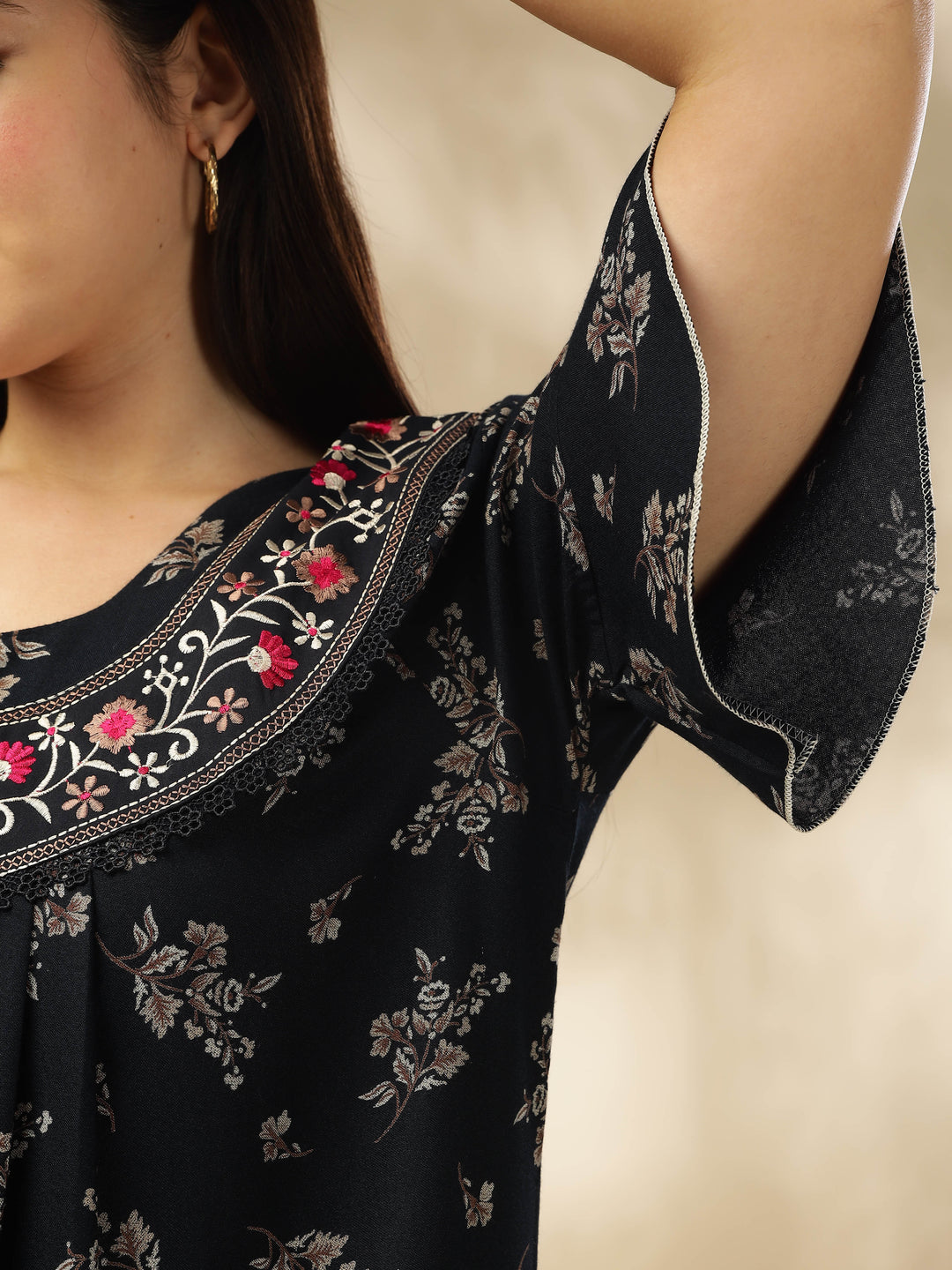 Midnight Blue Alpine Nighty Floral Print with Stylish Flutter Sleeves