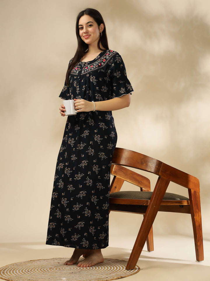 Midnight Blue Alpine Nighty Floral Print with Stylish Flutter Sleeves