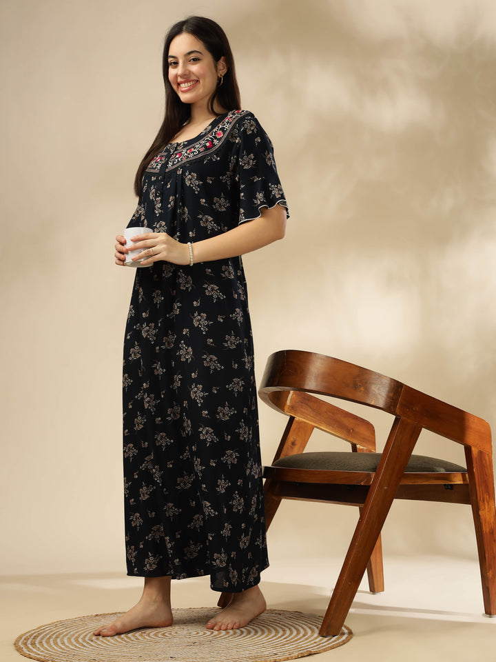 Midnight Blue Alpine Nighty Floral Print with Stylish Flutter Sleeves