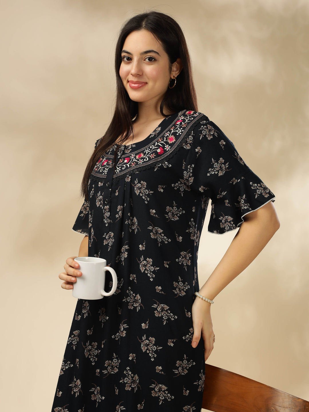 Midnight Blue Alpine Nighty Floral Print with Stylish Flutter Sleeves