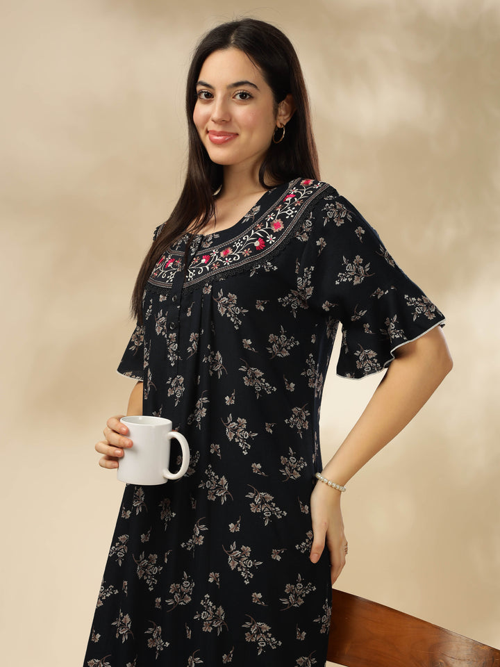 Midnight Blue Alpine Nighty Floral Print with Stylish Flutter Sleeves