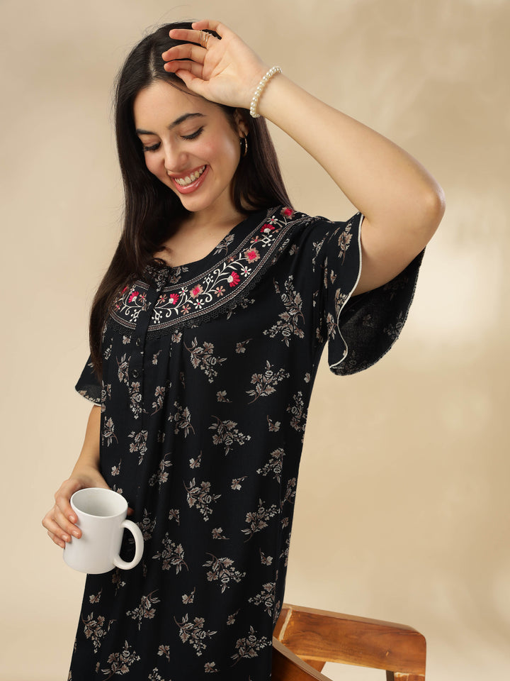 Midnight Blue Alpine Nighty Floral Print with Stylish Flutter Sleeves