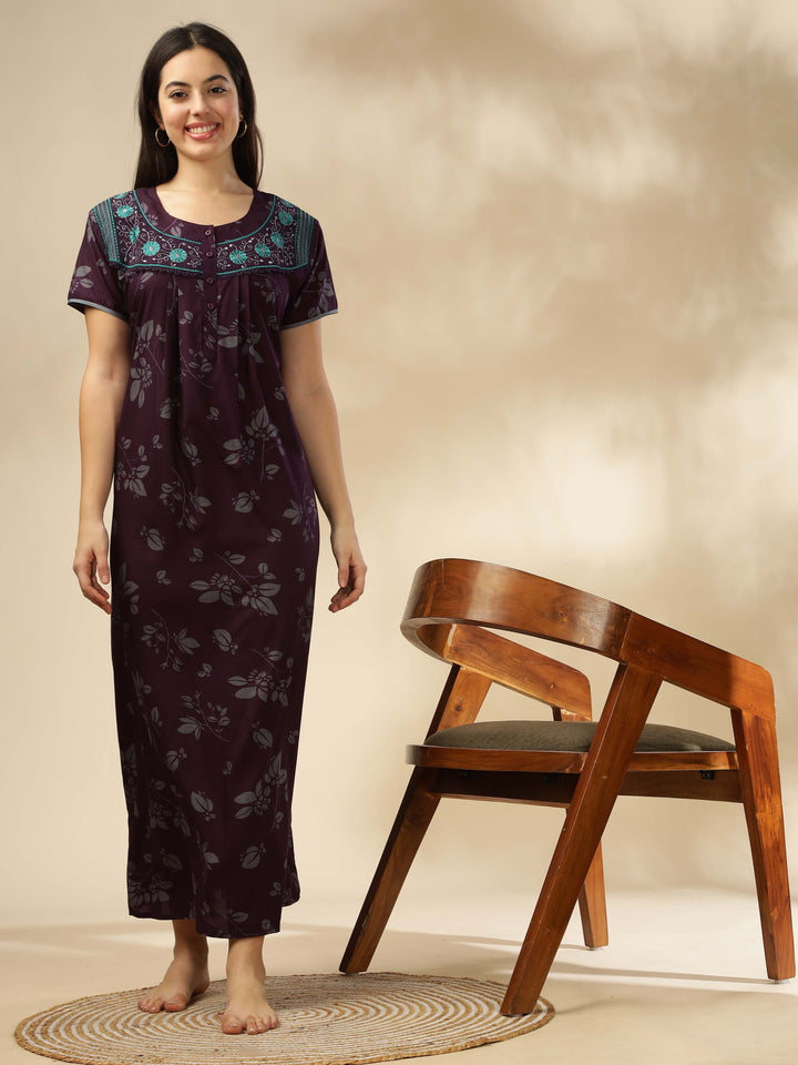 Trendy Wine Designer Nighty with Floral Accents