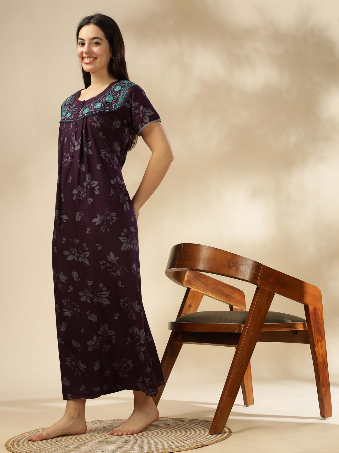 Trendy Wine Designer Nighty with Floral Accents