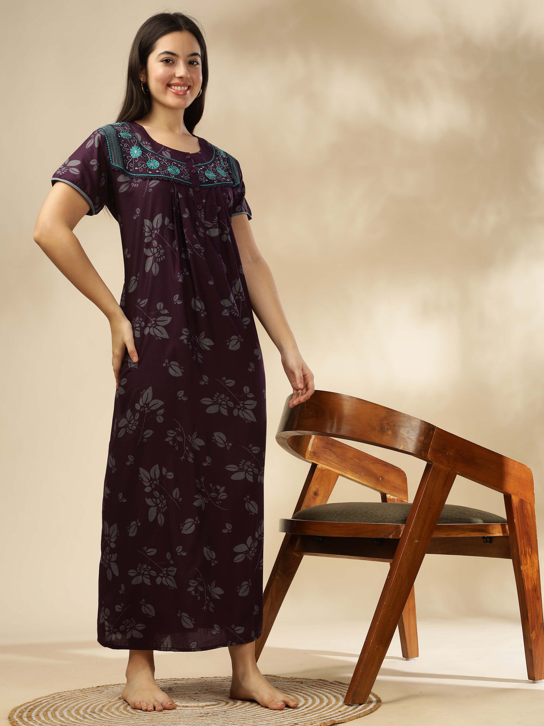 Trendy Wine Designer Nighty with Floral Accents