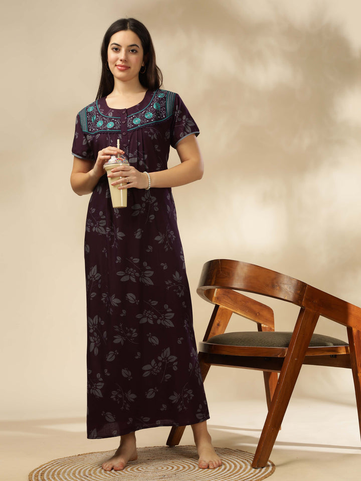 Trendy Wine Designer Nighty with Floral Accents