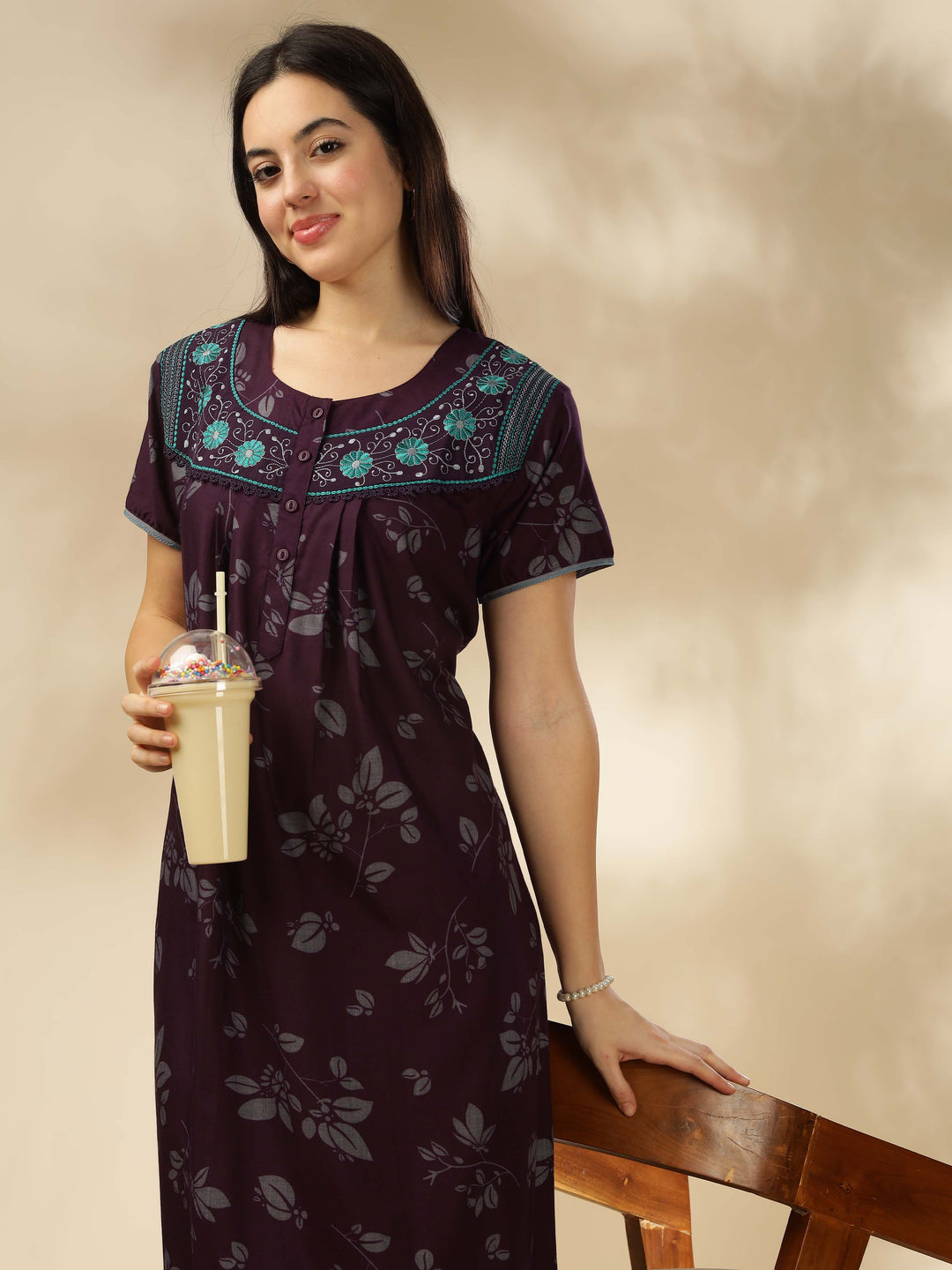 Trendy Wine Designer Nighty with Floral Accents