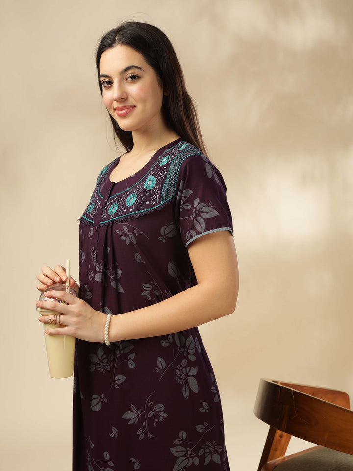 Trendy Wine Designer Nighty with Floral Accents