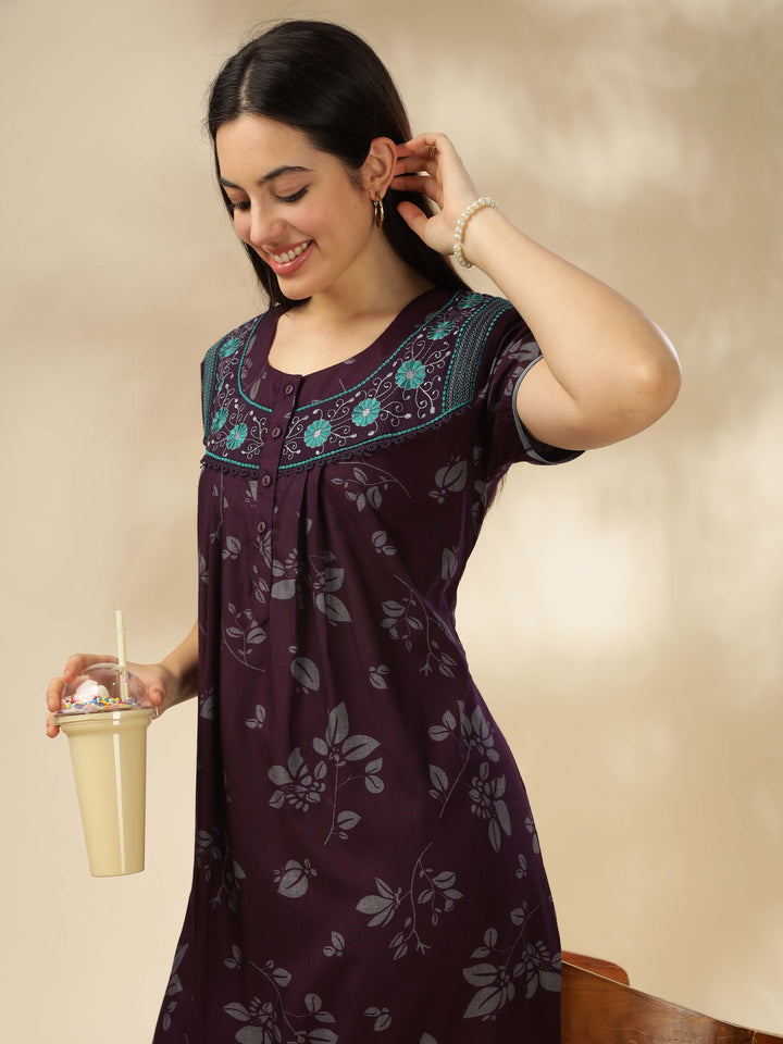 Trendy Wine Designer Nighty with Floral Accents