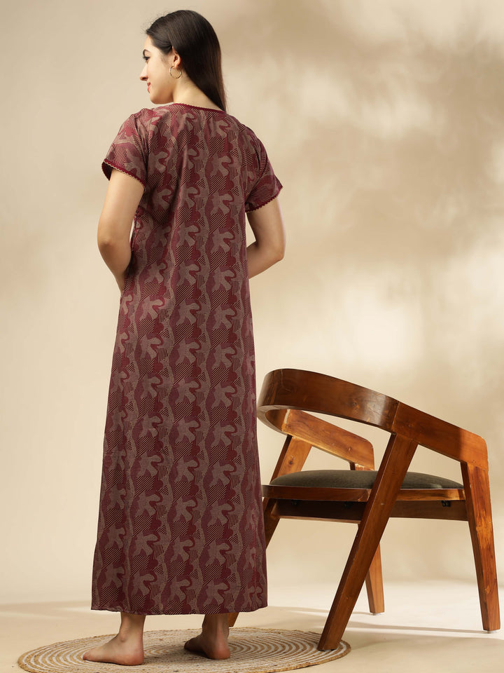 Elegant Maroon Smokey Floral Maxi Nighty for Women