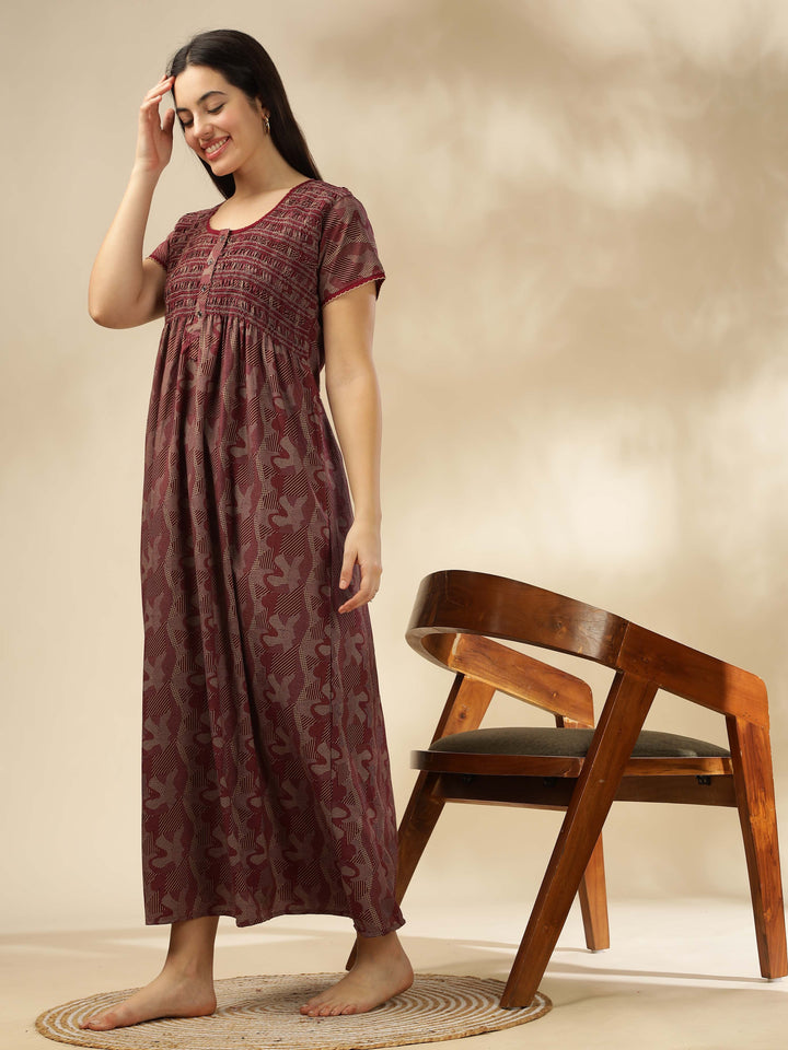 Elegant Maroon Smokey Floral Maxi Nighty for Women