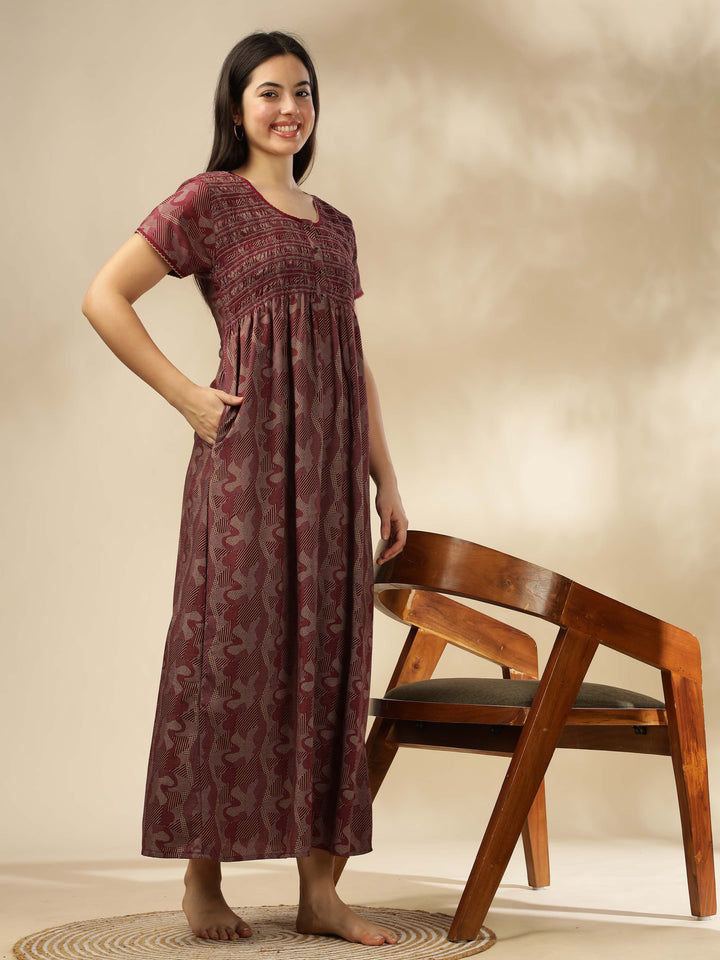 Elegant Maroon Smokey Floral Maxi Nighty for Women