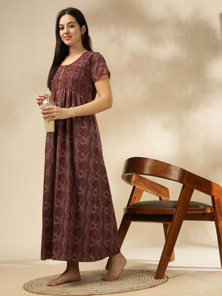 Elegant Maroon Smokey Floral Maxi Nighty for Women