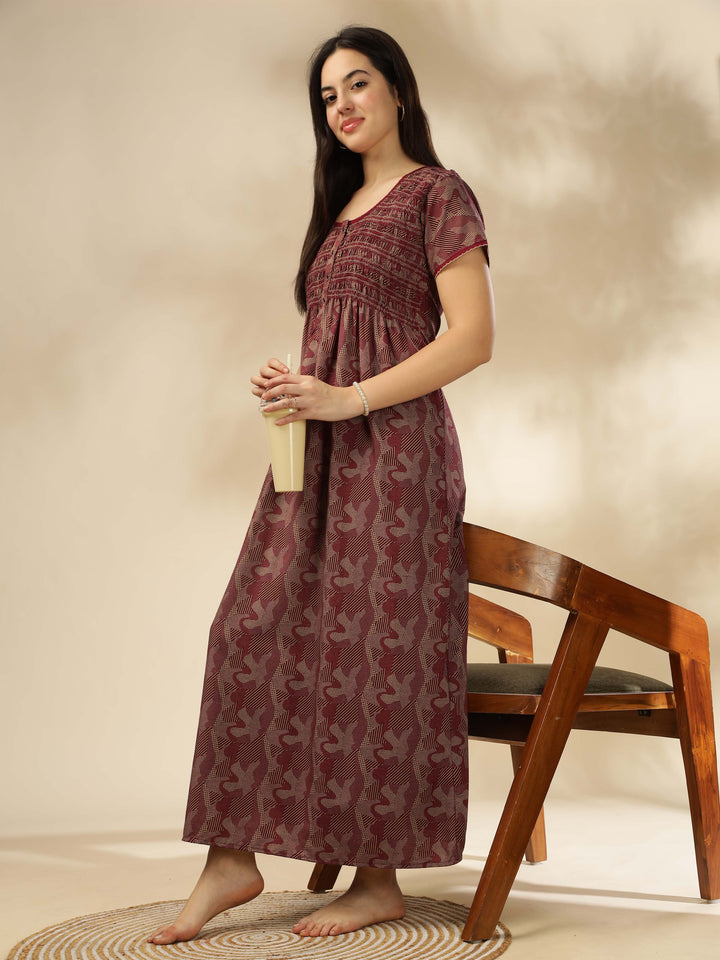 Elegant Maroon Smokey Floral Maxi Nighty for Women