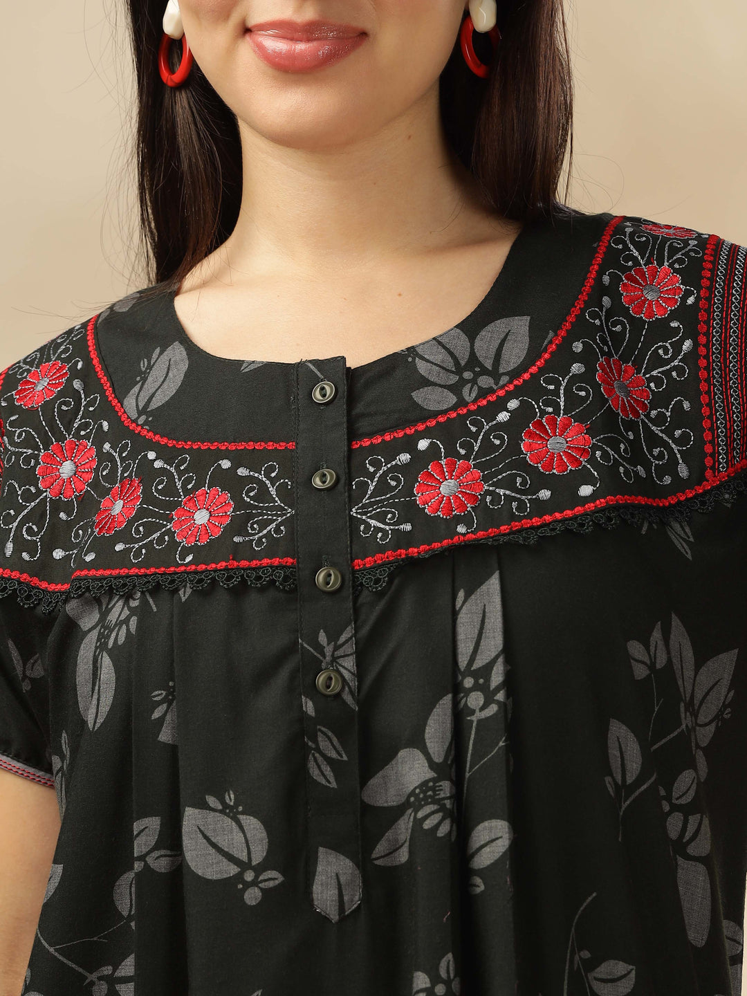 Elegant Floral Green Designer Nighty with Embroidery