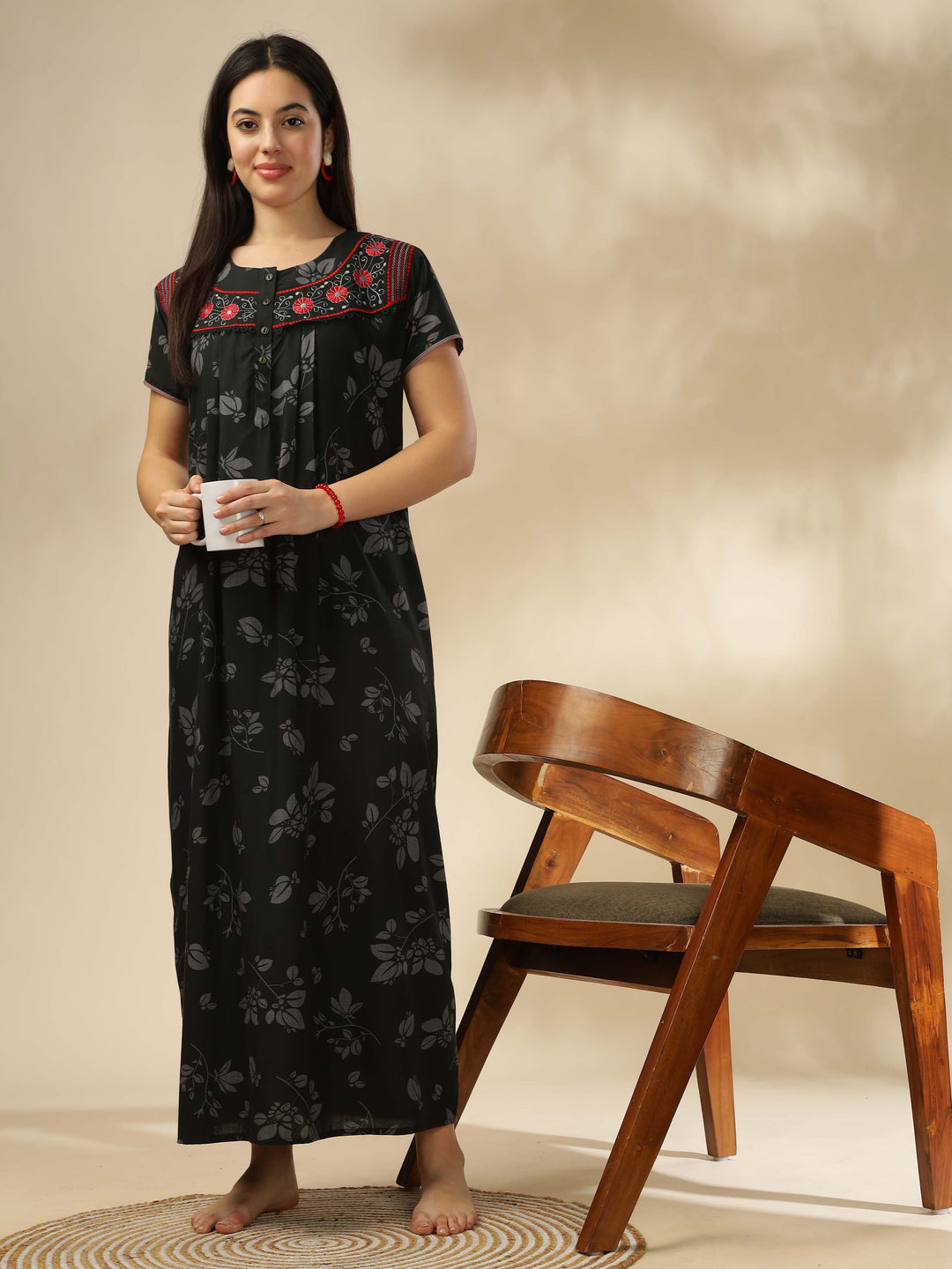 Elegant Floral Green Designer Nighty with Embroidery