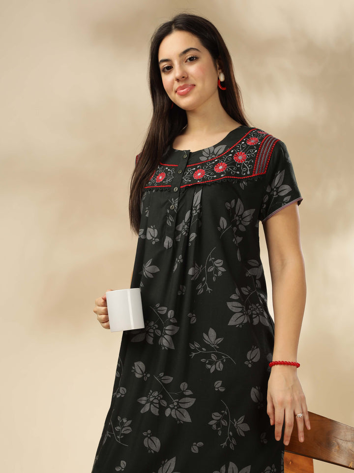 Elegant Floral Green Designer Nighty with Embroidery