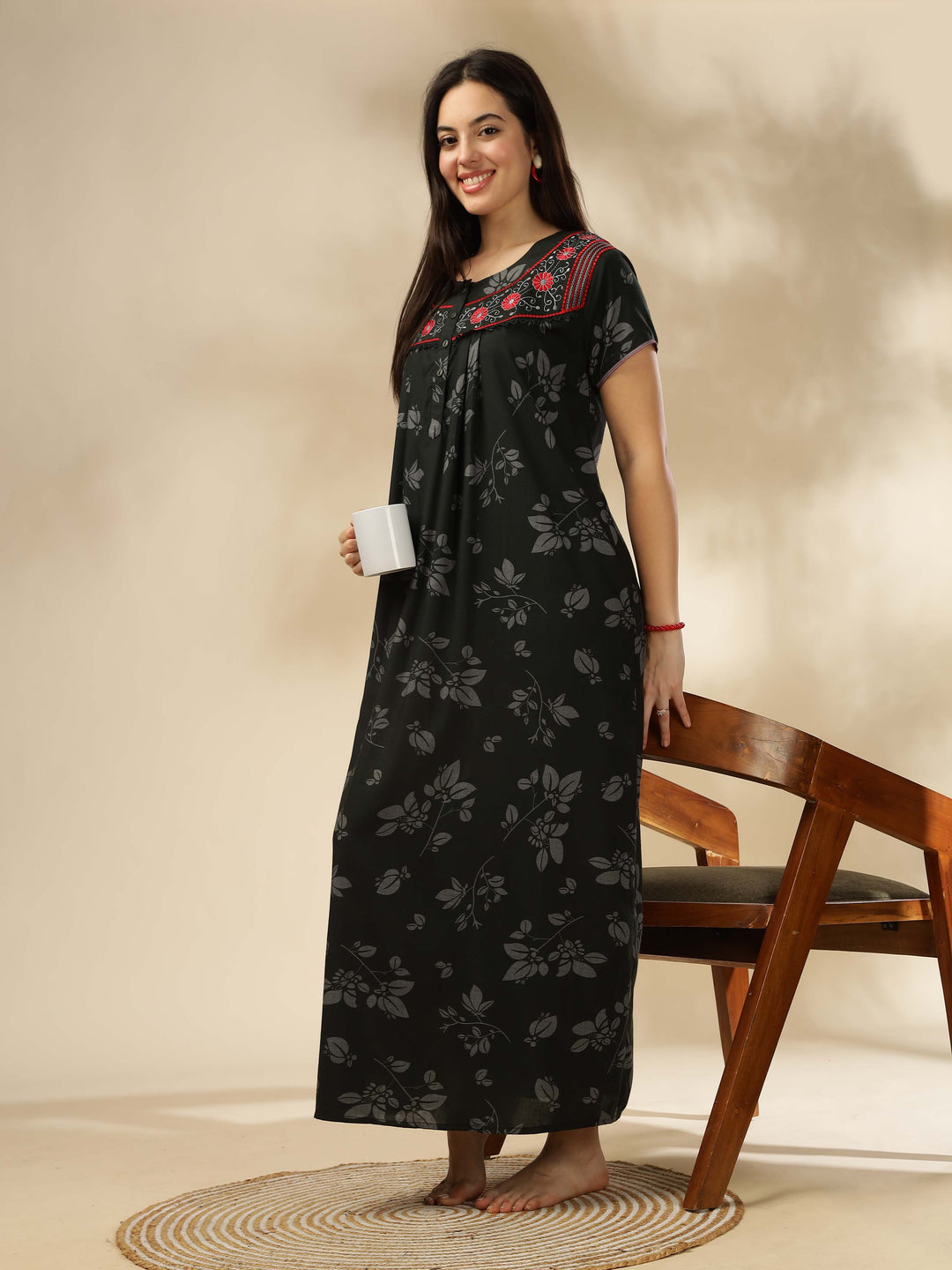 Elegant Floral Green Designer Nighty with Embroidery