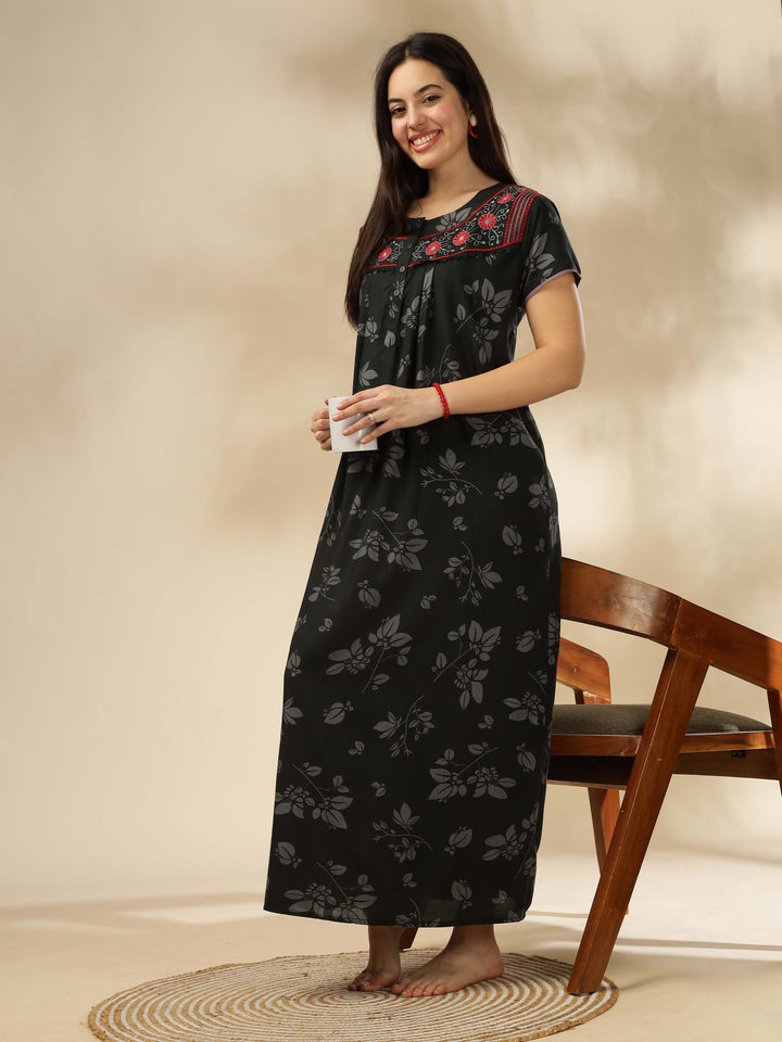 Elegant Floral Green Designer Nighty with Embroidery