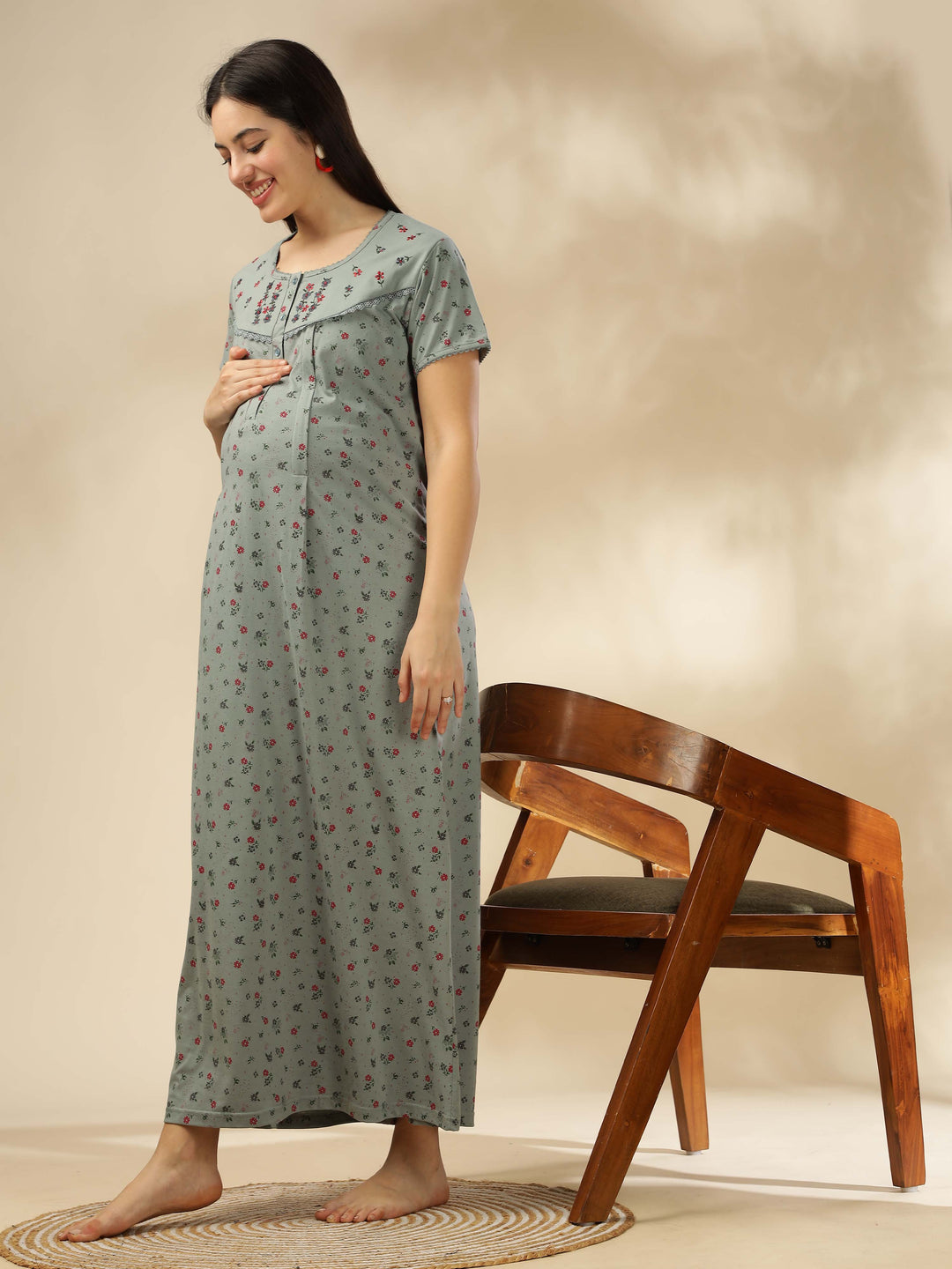 Greenish Green Maternity Nightdress for Women